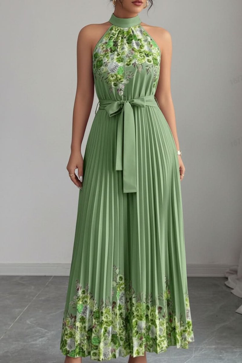 Damen Geblümtes Plissee-Neckholder Midi-Kleid - Army Green Bottom Yellow Flower