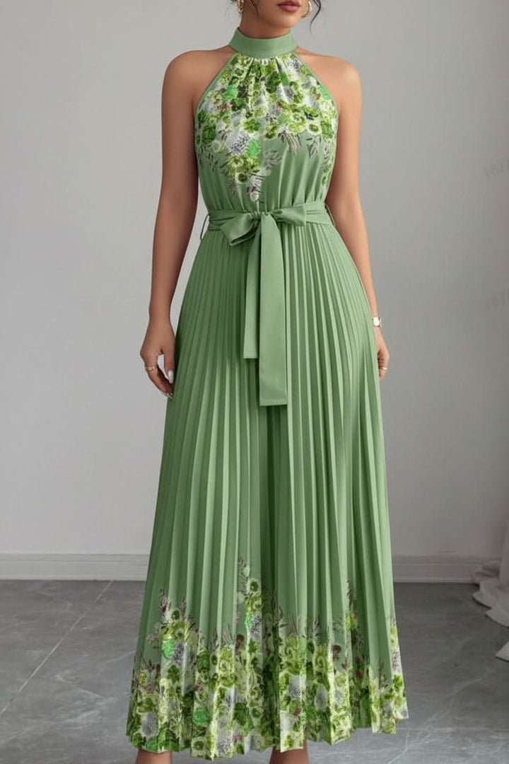 Damen Geblümtes Plissee-Neckholder Midi-Kleid - Army Green Bottom Yellow Flower