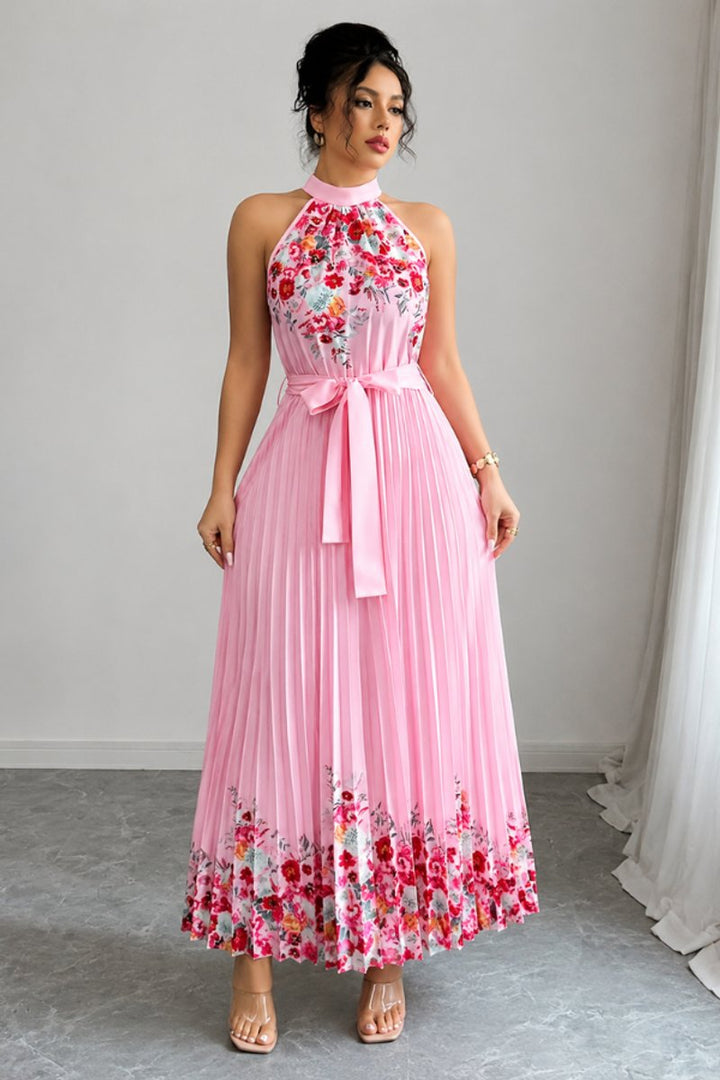 Damen Geblümtes Plissee-Neckholder Midi-Kleid