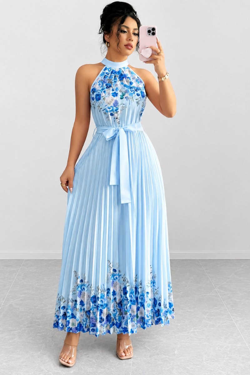 Damen Geblümtes Plissee-Neckholder Midi-Kleid - Blue