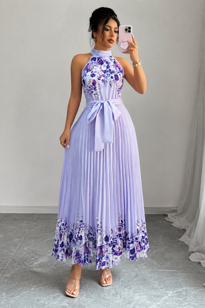 Damen Geblümtes Plissee-Neckholder Midi-Kleid - Purple
