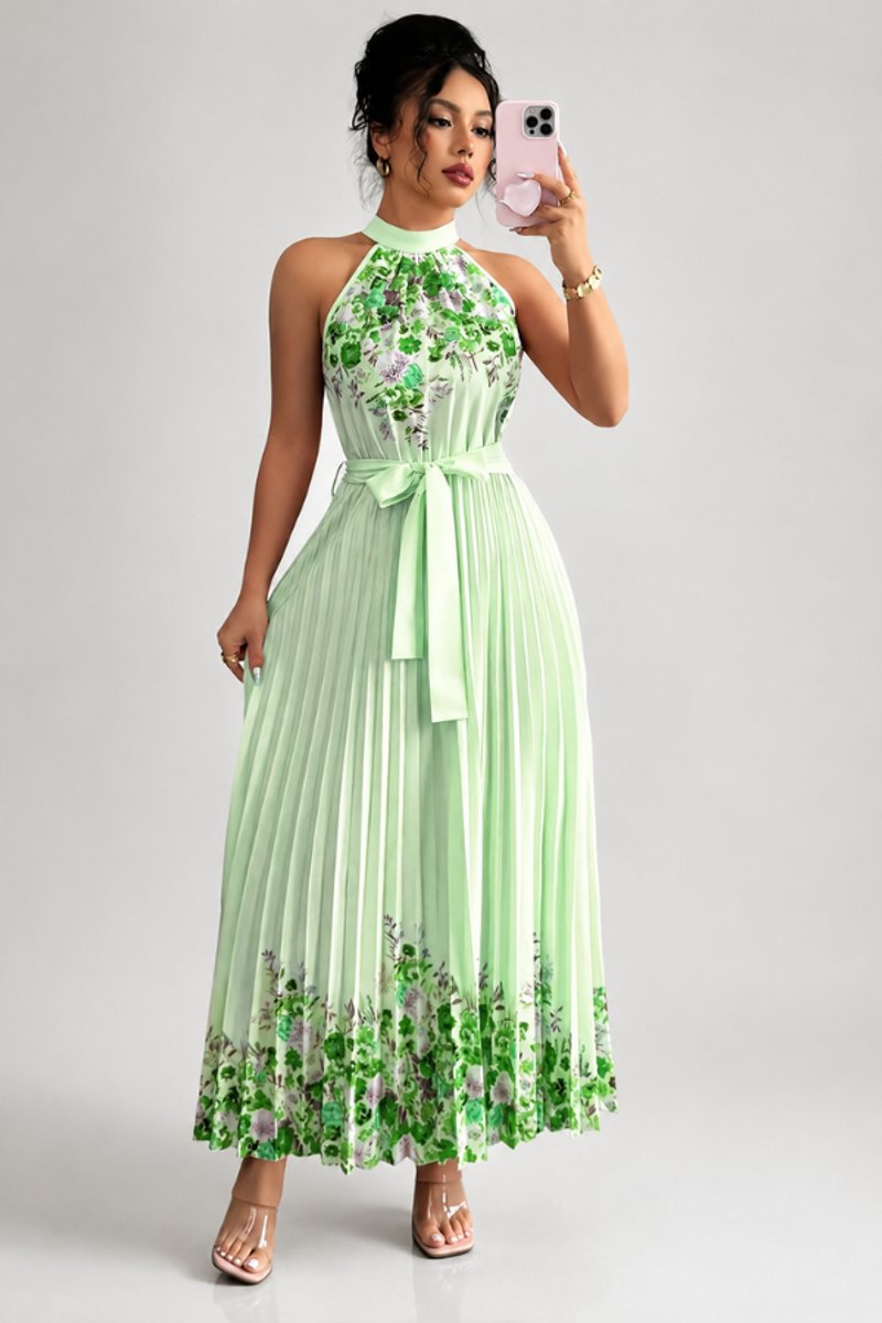 Damen Geblümtes Plissee-Neckholder Midi-Kleid - Green