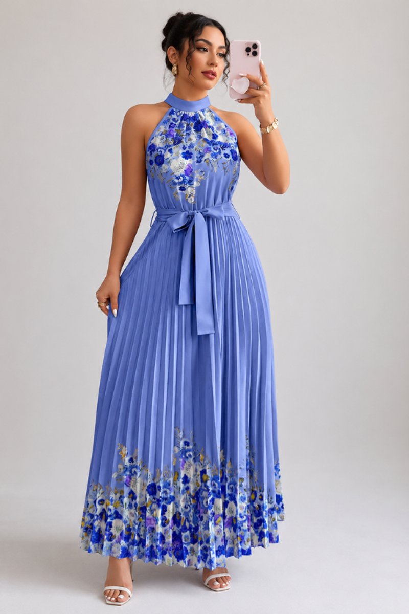Damen Geblümtes Plissee-Neckholder Midi-Kleid - Dark Blue