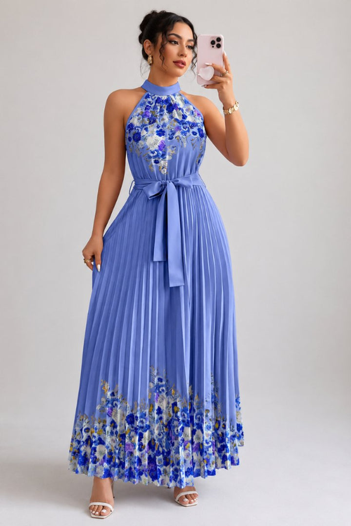 Damen Geblümtes Plissee-Neckholder Midi-Kleid - Dark Blue