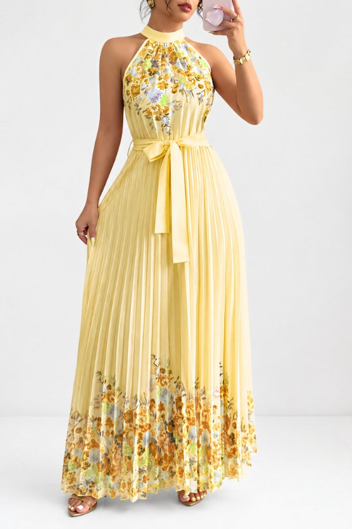 Damen Geblümtes Plissee-Neckholder Midi-Kleid - Yellow
