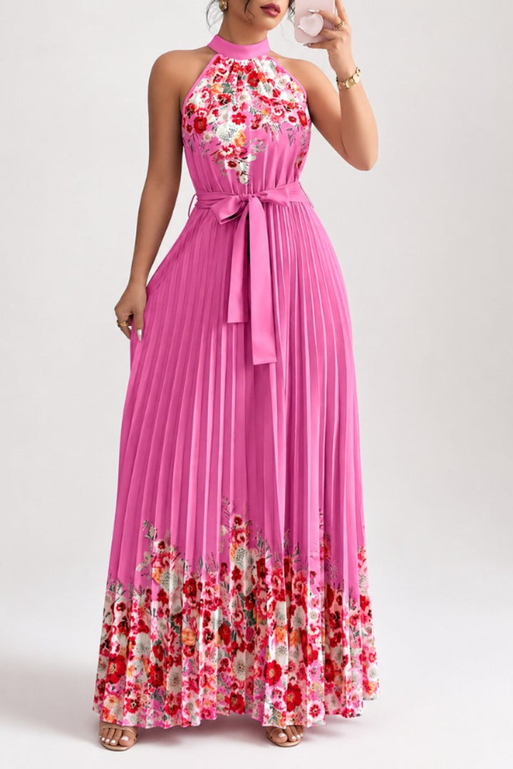 Damen Geblümtes Plissee-Neckholder Midi-Kleid - Rose Red