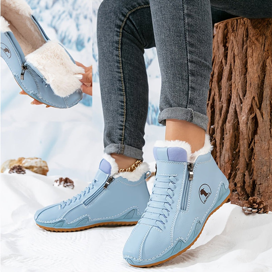 Damen Gefütterte Ankle Boots Kunstleder Reißverschluss Winterstiefeletten - Blau