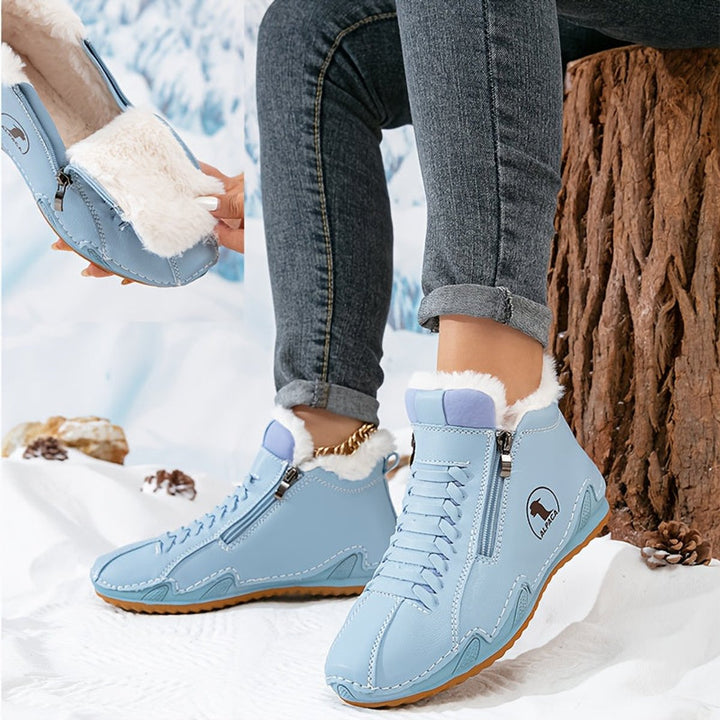 Damen Gefütterte Ankle Boots Kunstleder Reißverschluss Winterstiefeletten - Blau