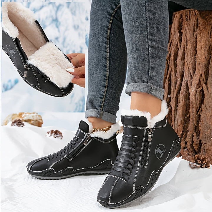 Damen Gefütterte Ankle Boots Kunstleder Reißverschluss Winterstiefeletten - Schwarz