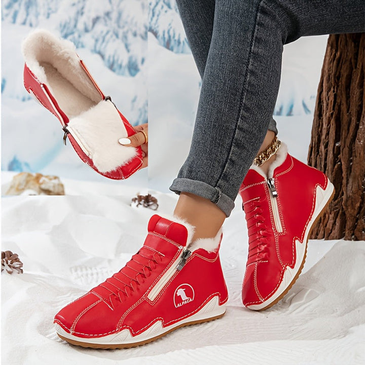 Damen Gefütterte Ankle Boots Kunstleder Reißverschluss Winterstiefeletten - Rot