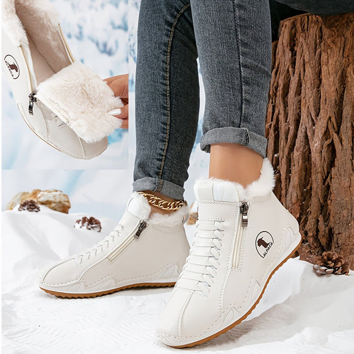 Damen Gefütterte Ankle Boots Kunstleder Reißverschluss Winterstiefeletten - Weiß