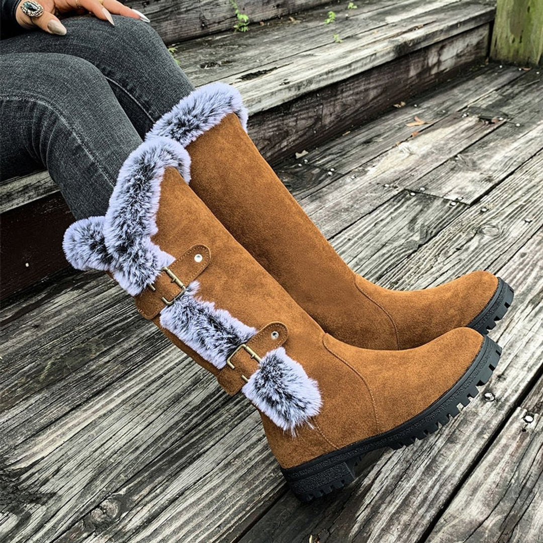 Damen Gefütterte Kniehohe Stiefel mit Plüschbesatz Schnallen