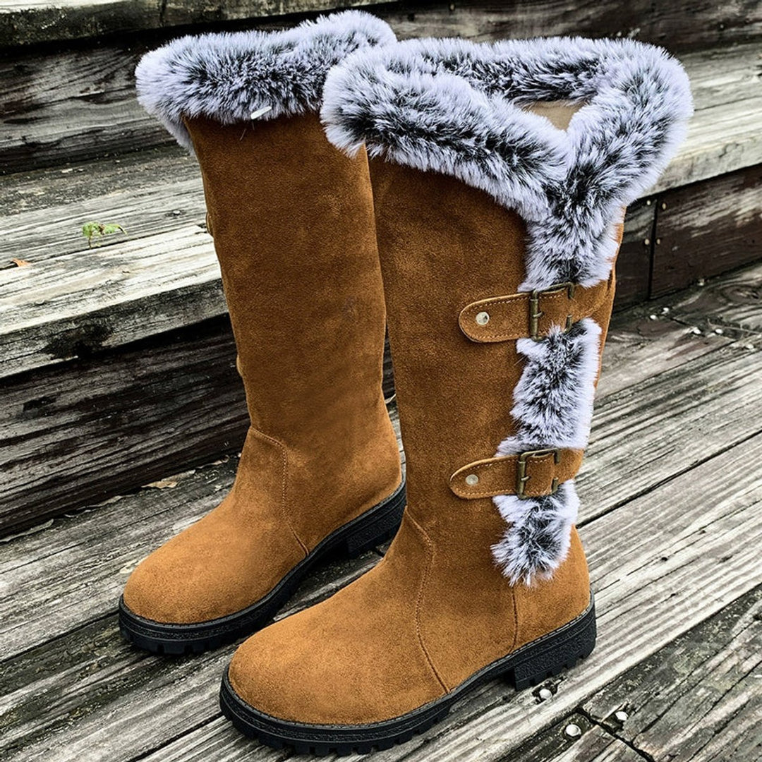 Damen Gefütterte Kniehohe Stiefel mit Plüschbesatz Schnallen
