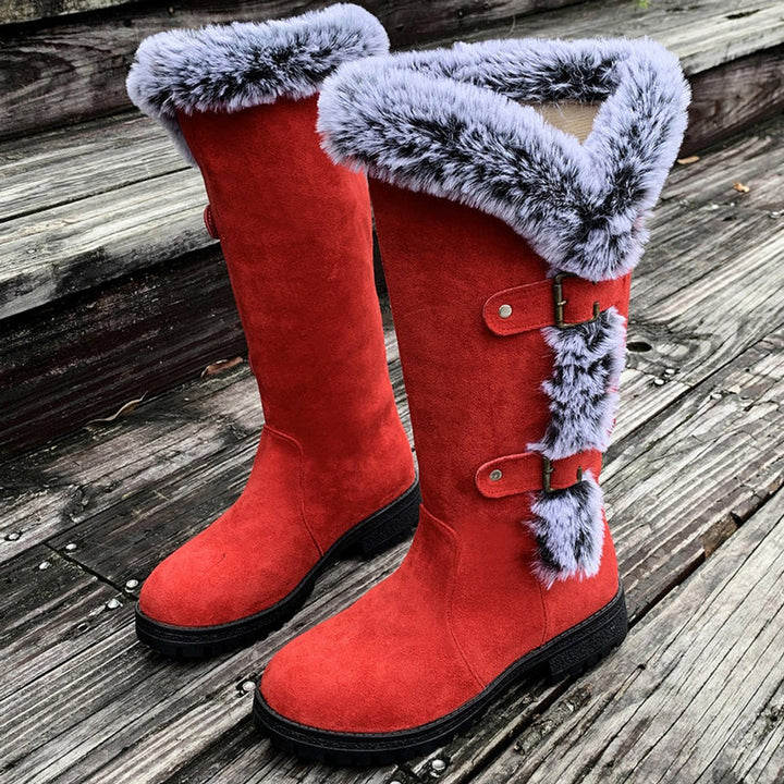 Damen Gefütterte Kniehohe Stiefel mit Plüschbesatz Schnallen - Rot