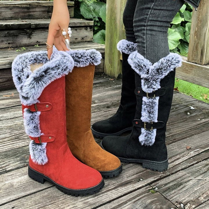 Damen Gefütterte Kniehohe Stiefel mit Plüschbesatz Schnallen