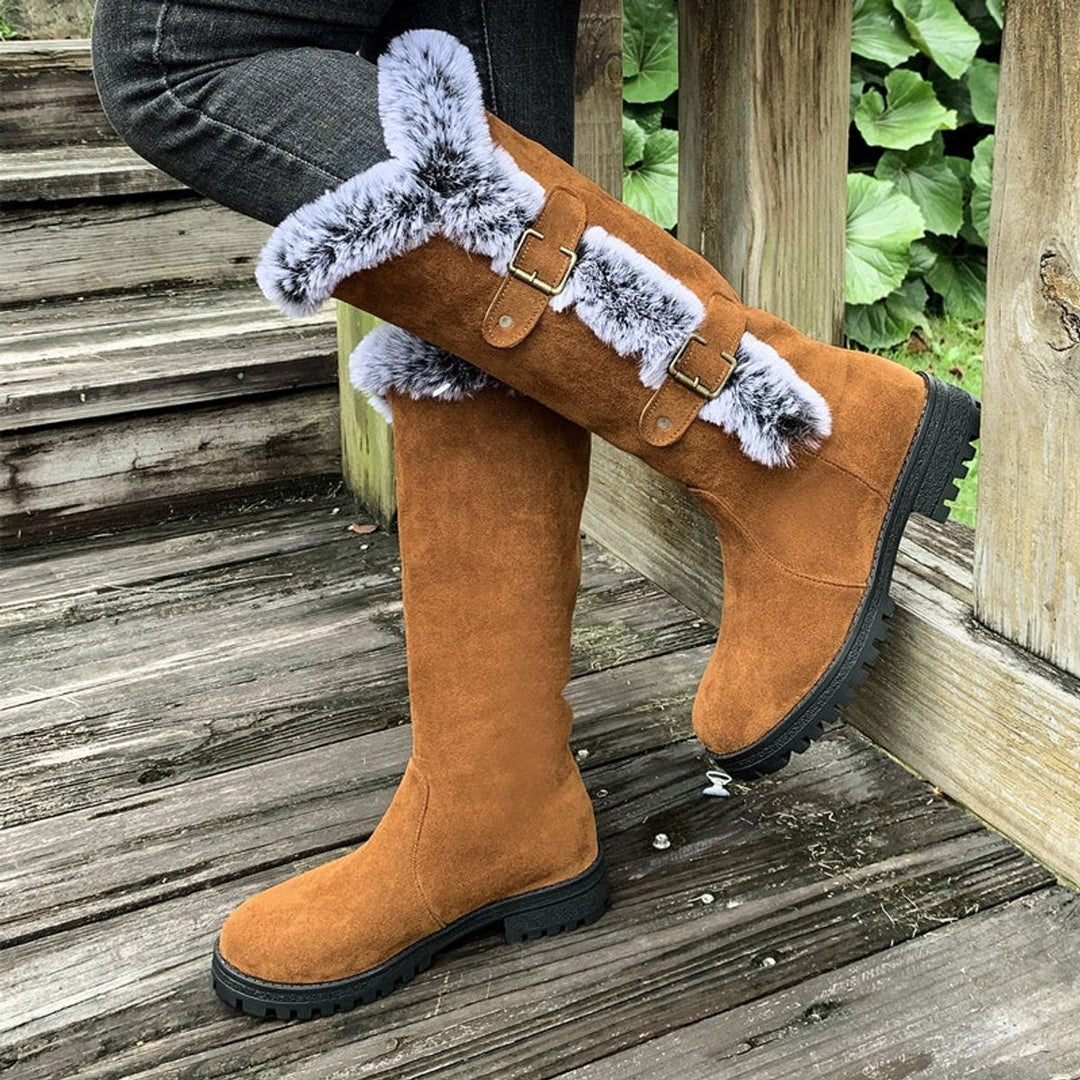Damen Gefütterte Kniehohe Stiefel mit Plüschbesatz Schnallen - Hellbraun