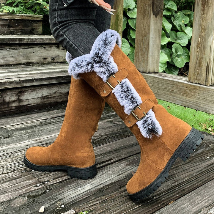 Damen Gefütterte Kniehohe Stiefel mit Plüschbesatz Schnallen