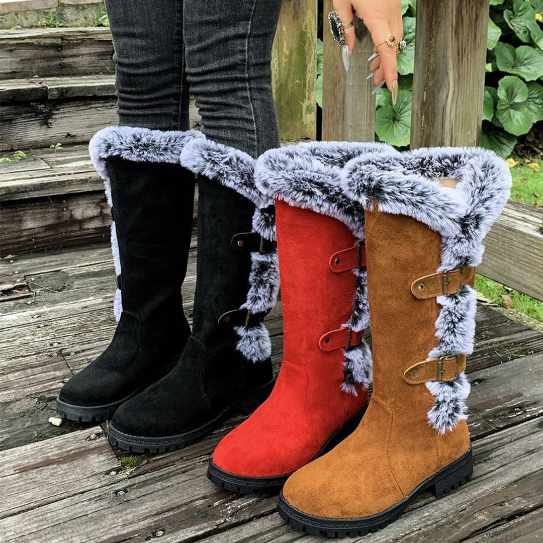 Damen Gefütterte Kniehohe Stiefel mit Plüschbesatz Schnallen