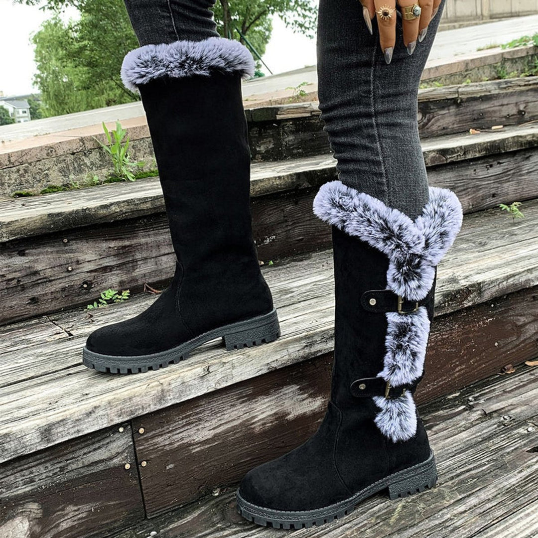 Damen Gefütterte Kniehohe Stiefel mit Plüschbesatz Schnallen