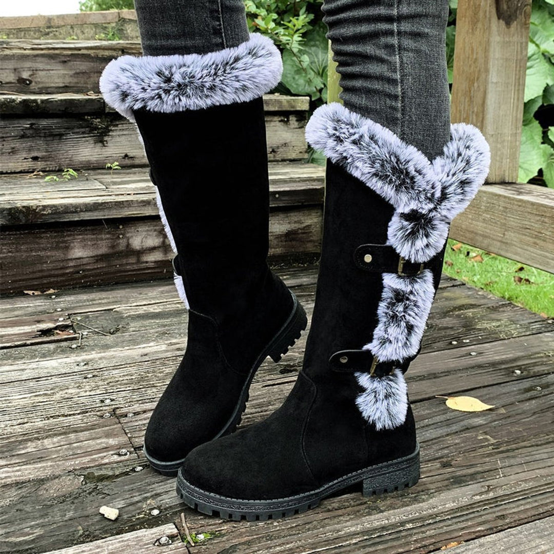Damen Gefütterte Kniehohe Stiefel mit Plüschbesatz Schnallen - Schwarz