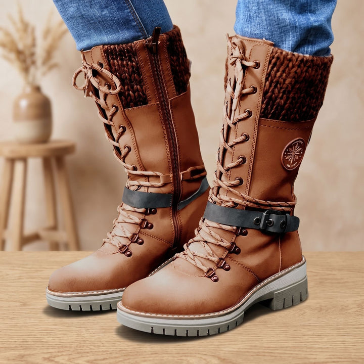 Damen Gefütterte Schnürstiefel mit Strickbund Schnallenriemen Profilsohle