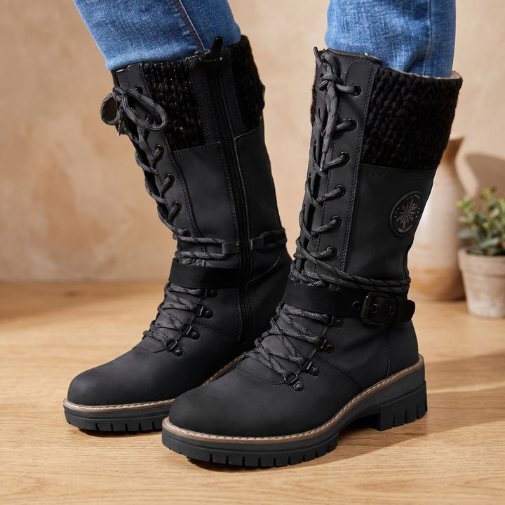 Damen Gefütterte Schnürstiefel mit Strickbund Schnallenriemen Profilsohle