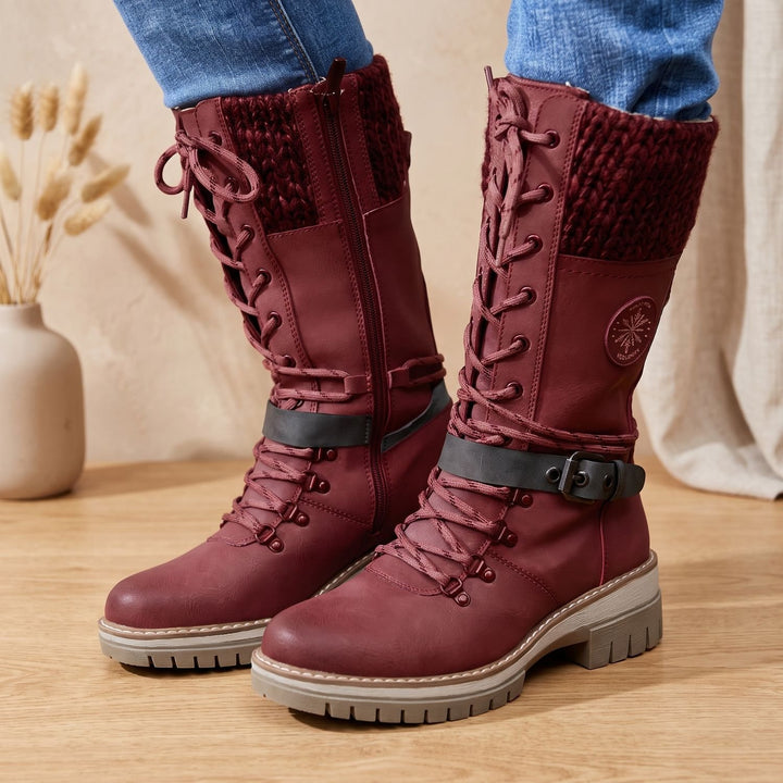 Damen Gefütterte Schnürstiefel mit Strickbund Schnallenriemen Profilsohle