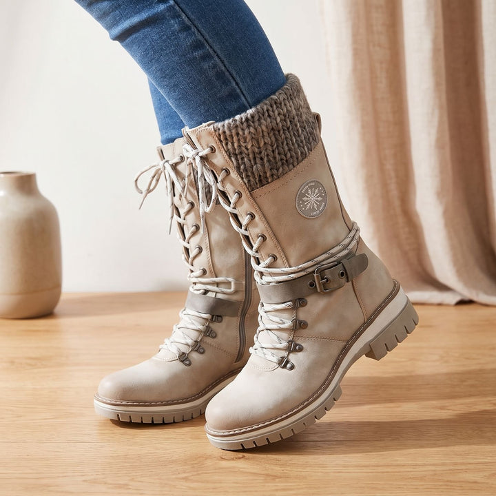 Damen Gefütterte Schnürstiefel mit Strickbund Schnallenriemen Profilsohle