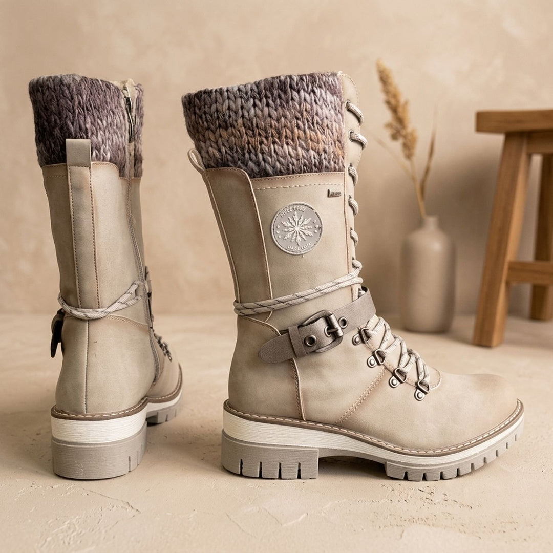 Damen Gefütterte Schnürstiefel mit Strickbund Schnallenriemen Profilsohle