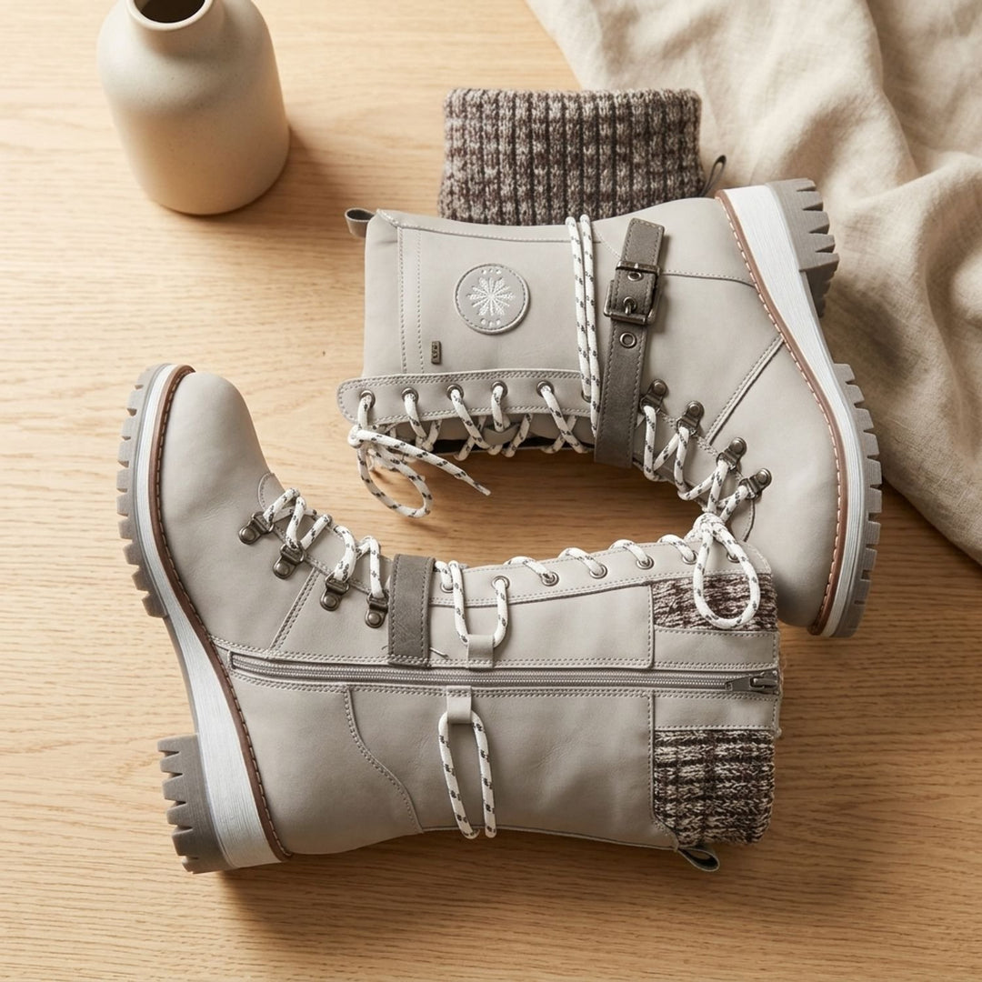 Damen Gefütterte Schnürstiefel mit Strickbund Schnallenriemen Profilsohle - Grau