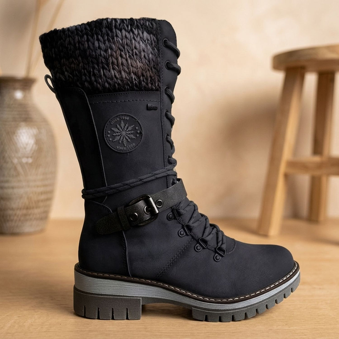 Damen Gefütterte Schnürstiefel mit Strickbund Schnallenriemen Profilsohle - Schwarz