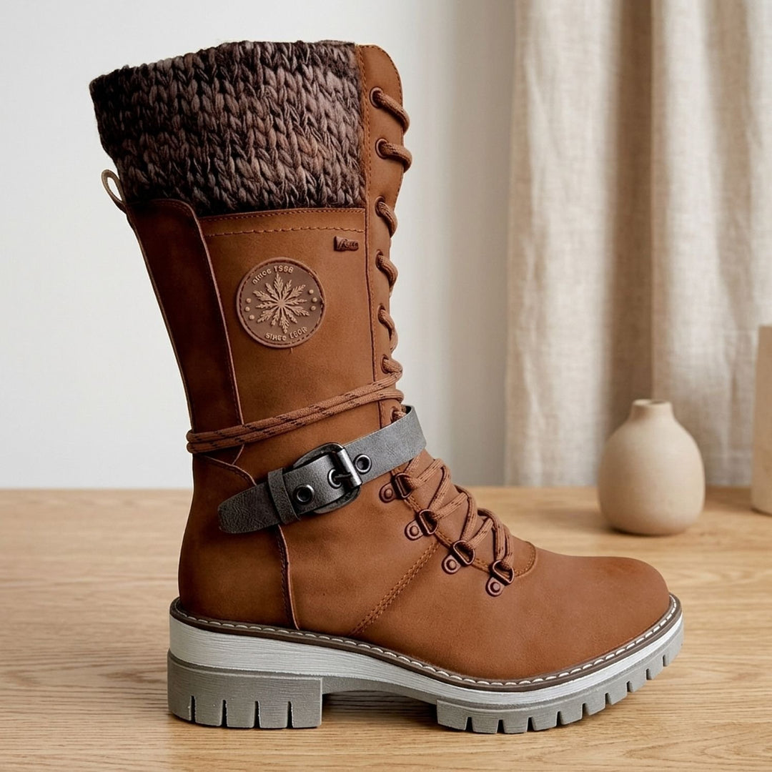 Damen Gefütterte Schnürstiefel mit Strickbund Schnallenriemen Profilsohle - Tiefbraun