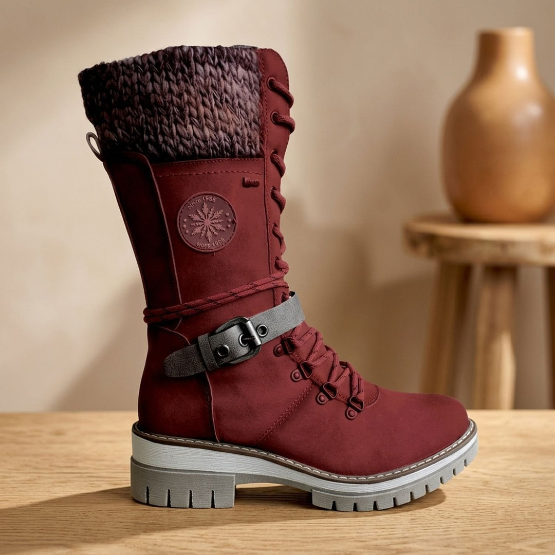Damen Gefütterte Schnürstiefel mit Strickbund Schnallenriemen Profilsohle - Rot