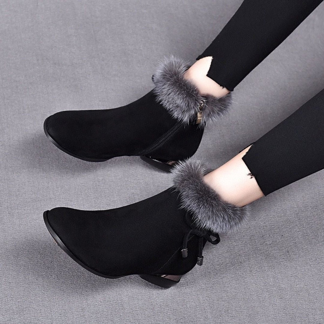 Damen Gefütterte Wildleder Ankle Boots mit Kunstfell-Abschluss - Schwarz