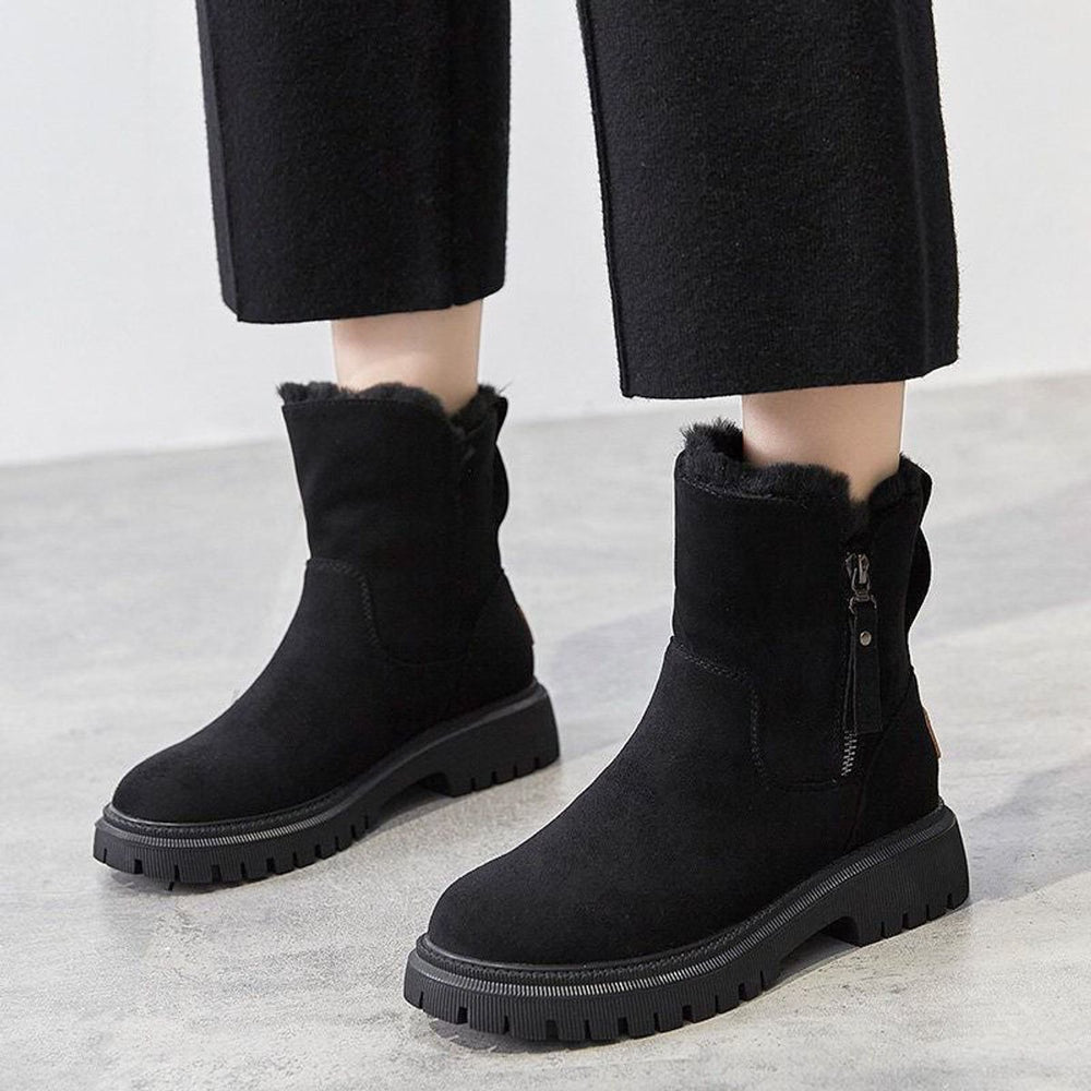 Damen Gefütterte Wildleder Slip-On Ankle Boots Plateausohle - Schwarz