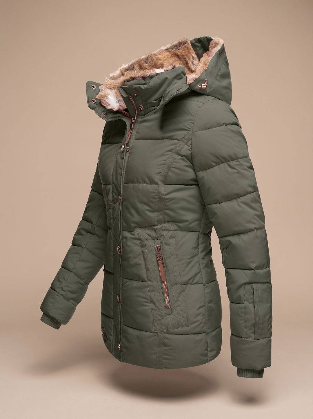 Damen Gefütterte Winterjacke mit Kunstfell-Kapuze und Reißverschlusstaschen
