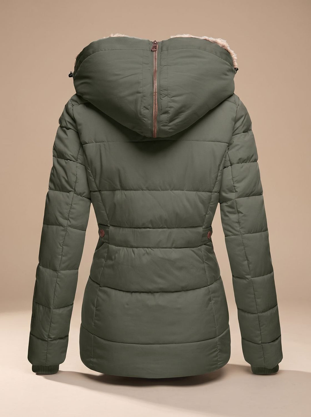 Damen Gefütterte Winterjacke mit Kunstfell-Kapuze und Reißverschlusstaschen