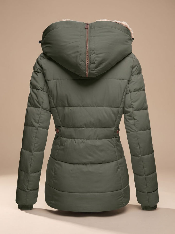 Damen Gefütterte Winterjacke mit Kunstfell-Kapuze und Reißverschlusstaschen