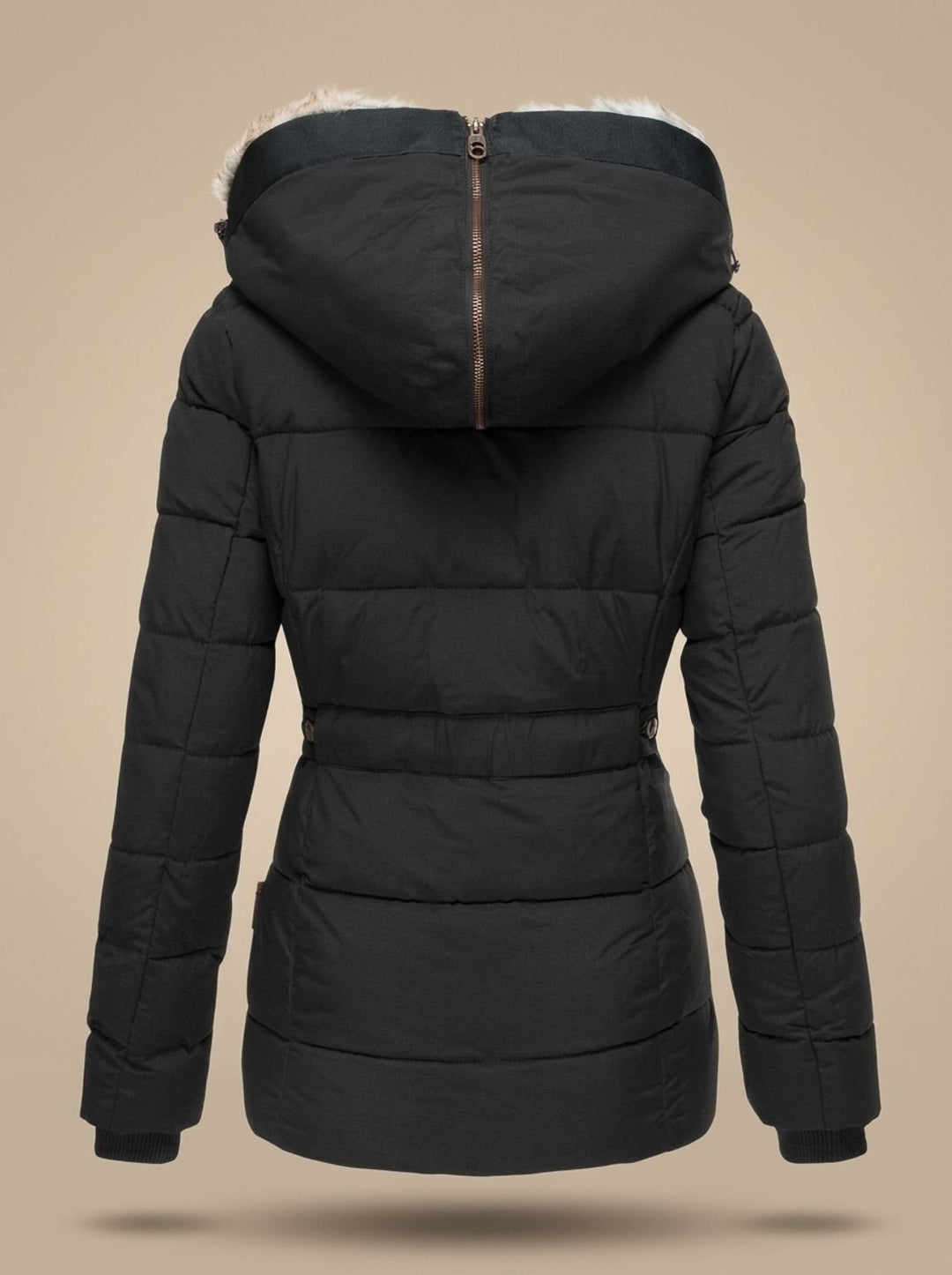 Damen Gefütterte Winterjacke mit Kunstfell-Kapuze und Reißverschlusstaschen
