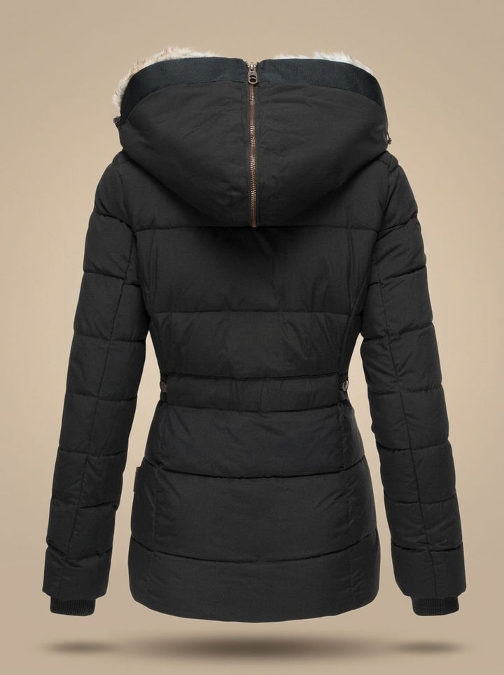 Damen Gefütterte Winterjacke mit Kunstfell-Kapuze und Reißverschlusstaschen