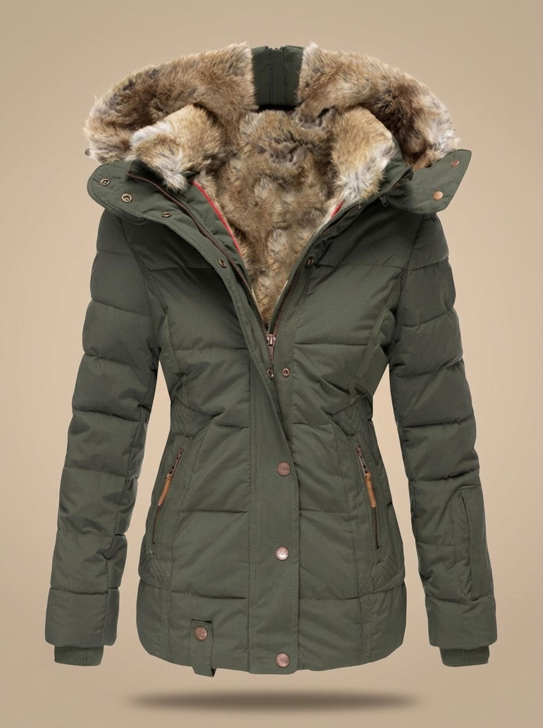 Damen Gefütterte Winterjacke mit Kunstfell-Kapuze und Reißverschlusstaschen - Grün