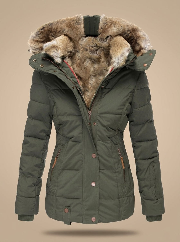 Damen Gefütterte Winterjacke mit Kunstfell-Kapuze und Reißverschlusstaschen - Grün
