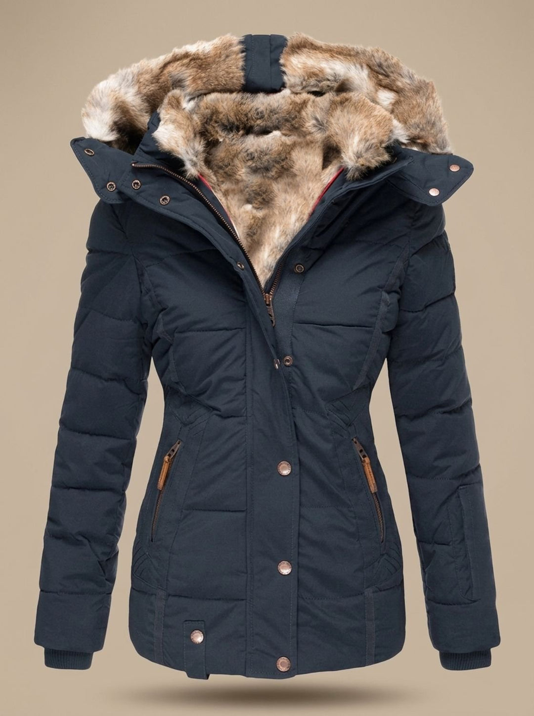 Damen Gefütterte Winterjacke mit Kunstfell-Kapuze und Reißverschlusstaschen - Blau