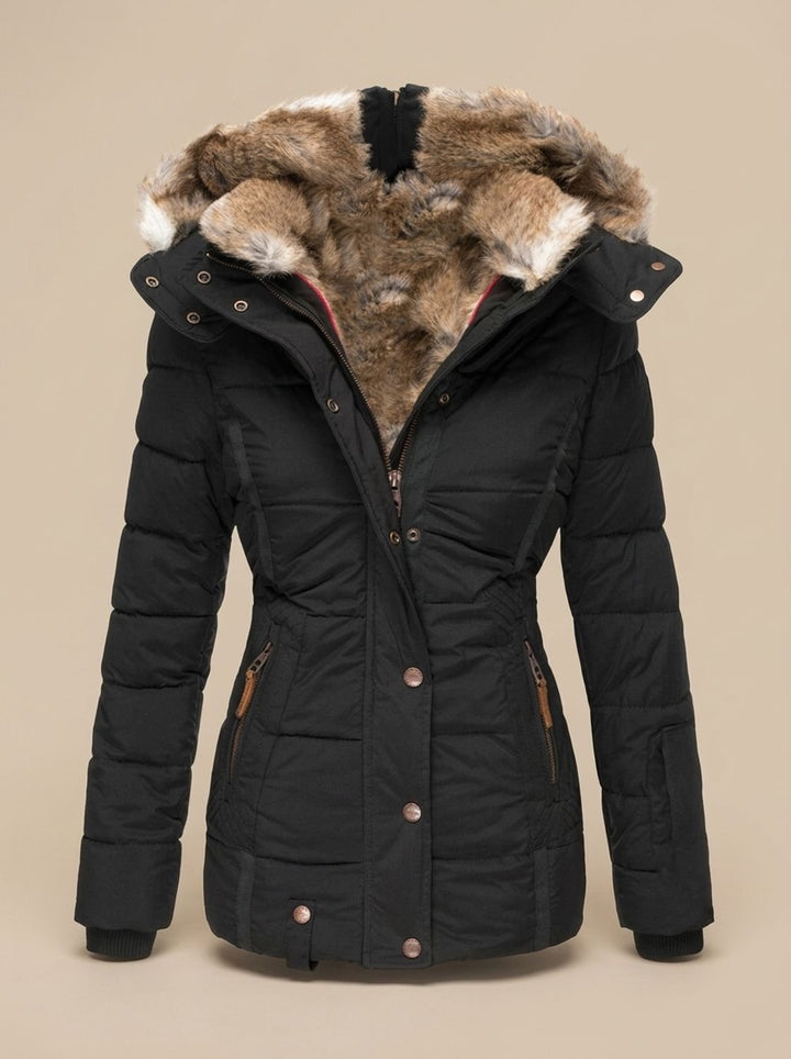 Damen Gefütterte Winterjacke mit Kunstfell-Kapuze und Reißverschlusstaschen - Schwarz