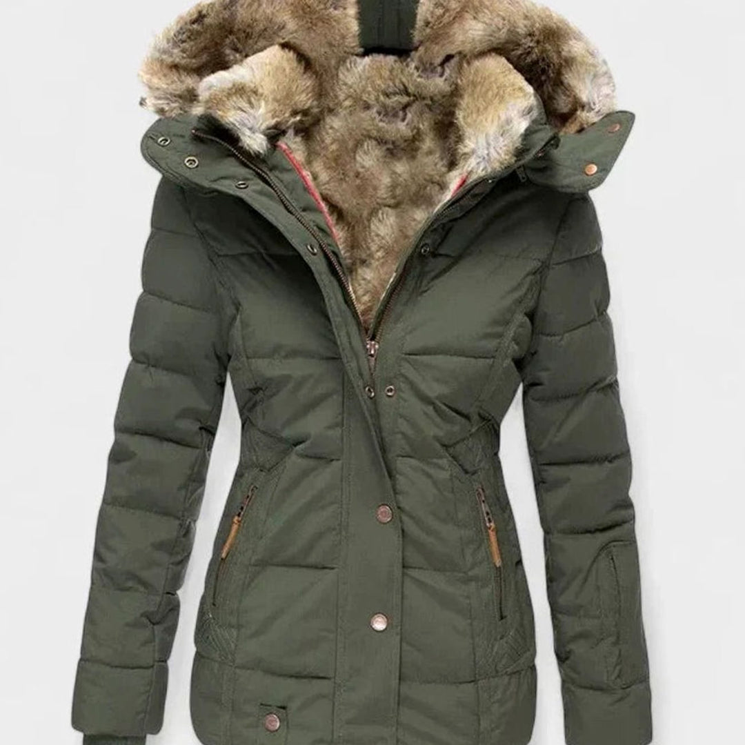 Damen Gefütterte Winterjacke mit Kunstfell-Kapuze und Taille - Grün