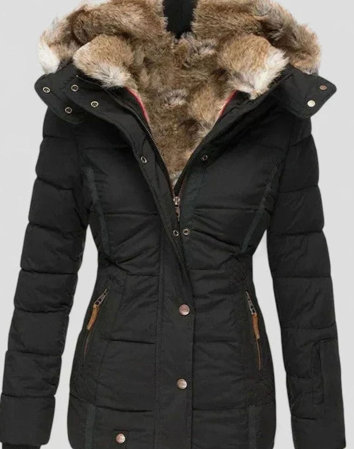 Damen Gefütterte Winterjacke mit Kunstfell-Kapuze und Taille - Schwarz