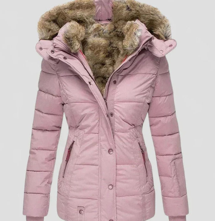Damen Gefütterte Winterjacke mit Kunstfell-Kapuze und Taille - Rosa