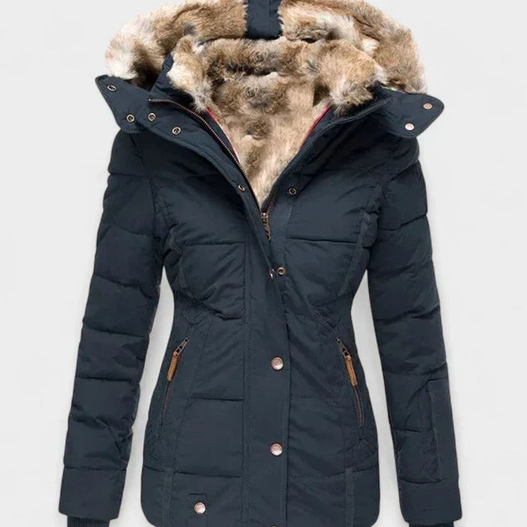 Damen Gefütterte Winterjacke mit Kunstfell-Kapuze und Taille - Blau
