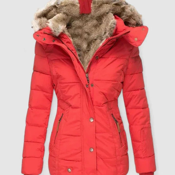 Damen Gefütterte Winterjacke mit Kunstfell-Kapuze und Taille - Rot
