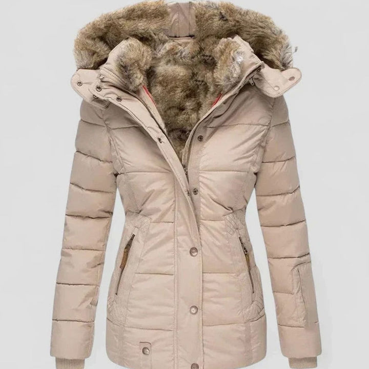 Damen Gefütterte Winterjacke mit Kunstfell-Kapuze und Taille - Beige